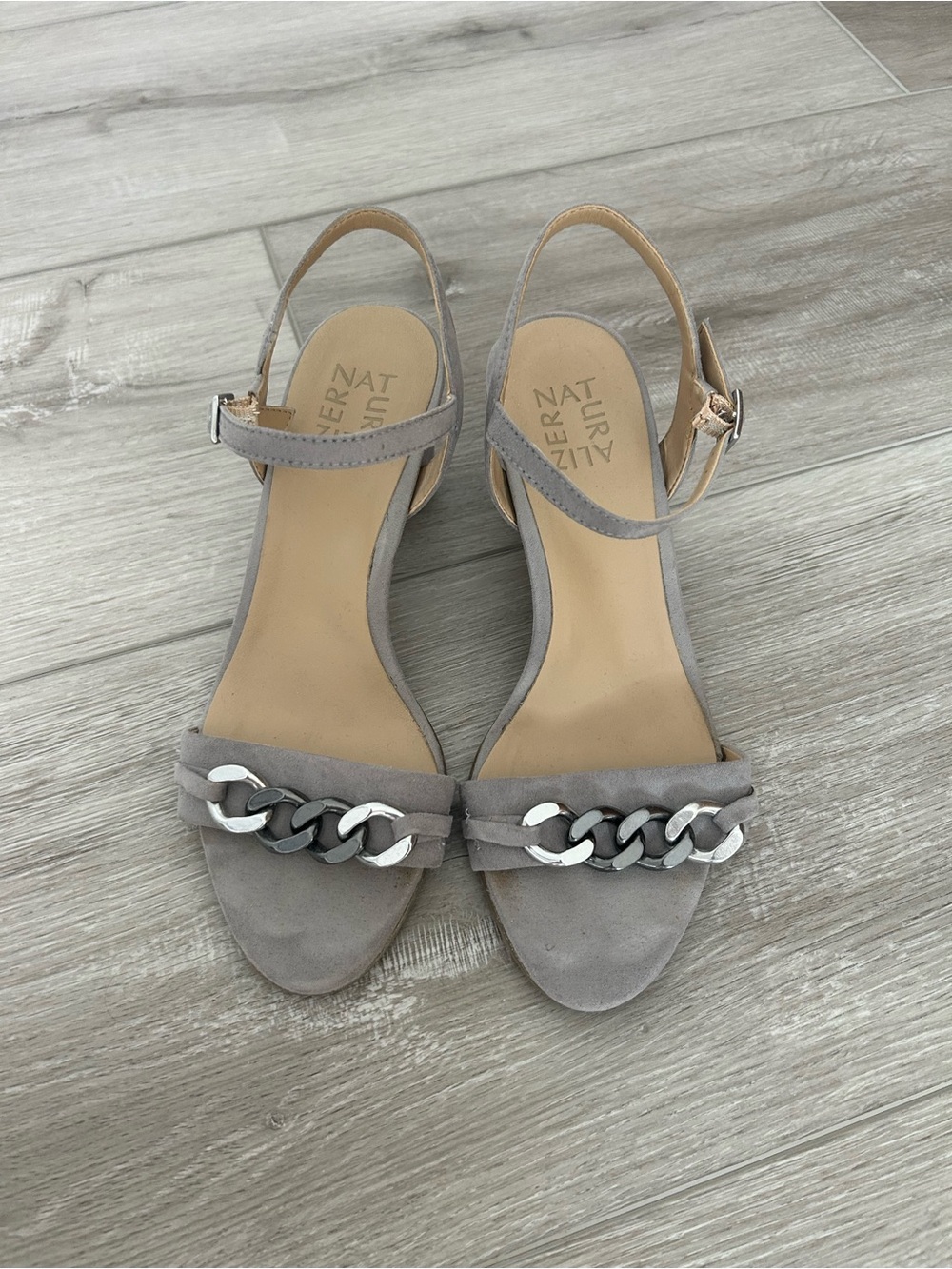 Naturalizer Gray Suede Chain-Detail Ankle-Strap Sandals